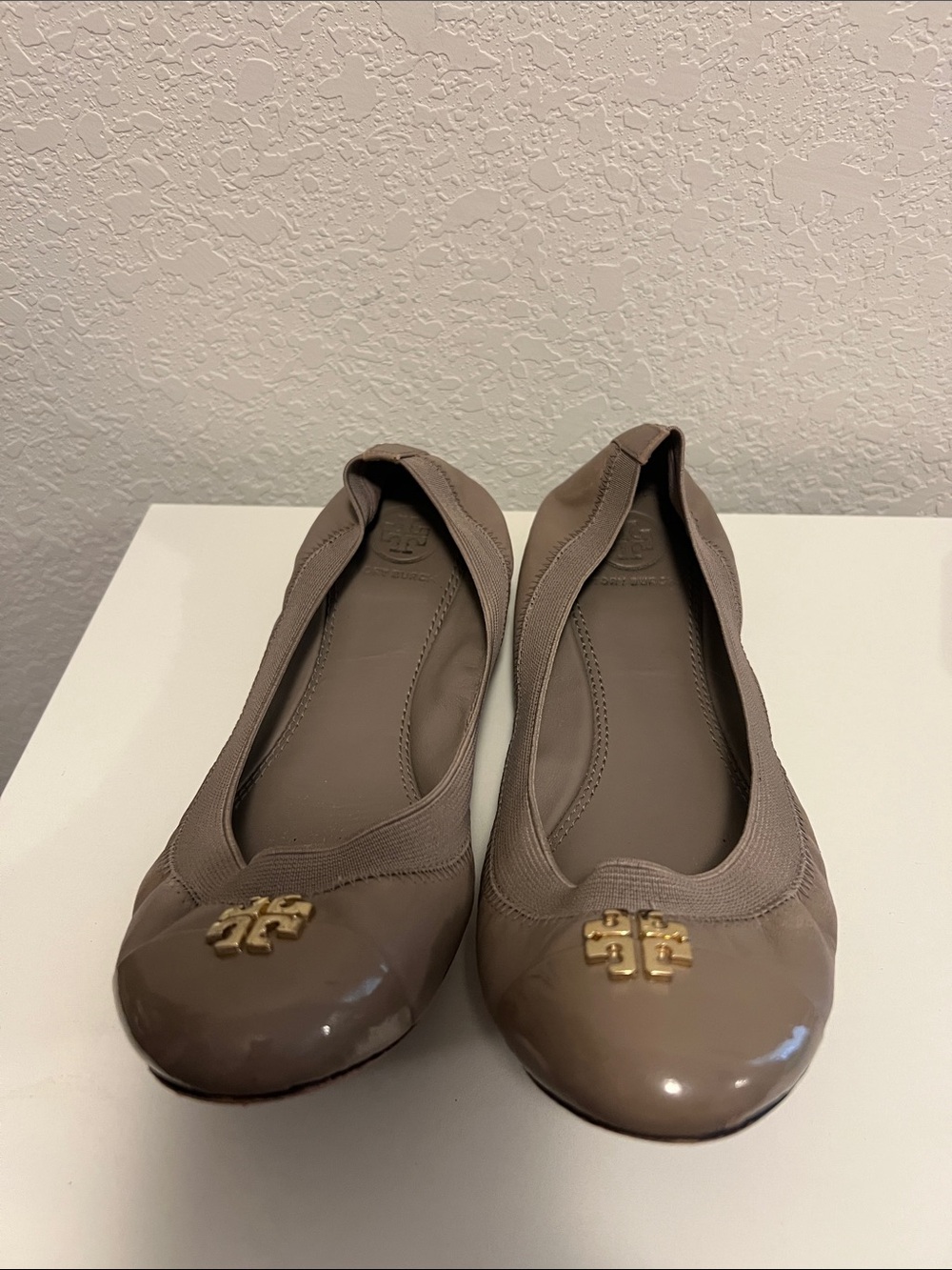 Tory Burch Taupe Patent Leather Logo Ballet Flats